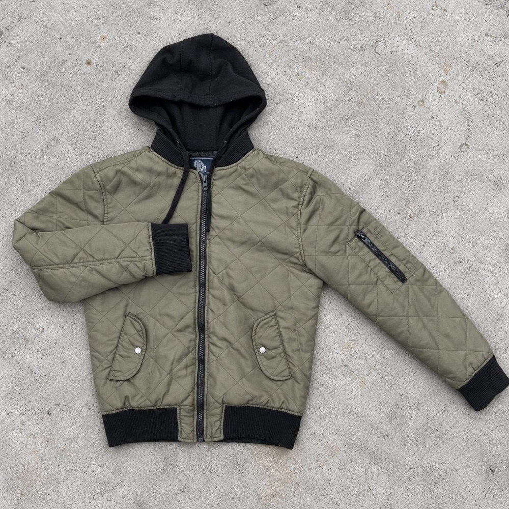 American Rag Mens Olive Green Quilted Bomber Hoodie Jacket Y2K Streetwear Medium